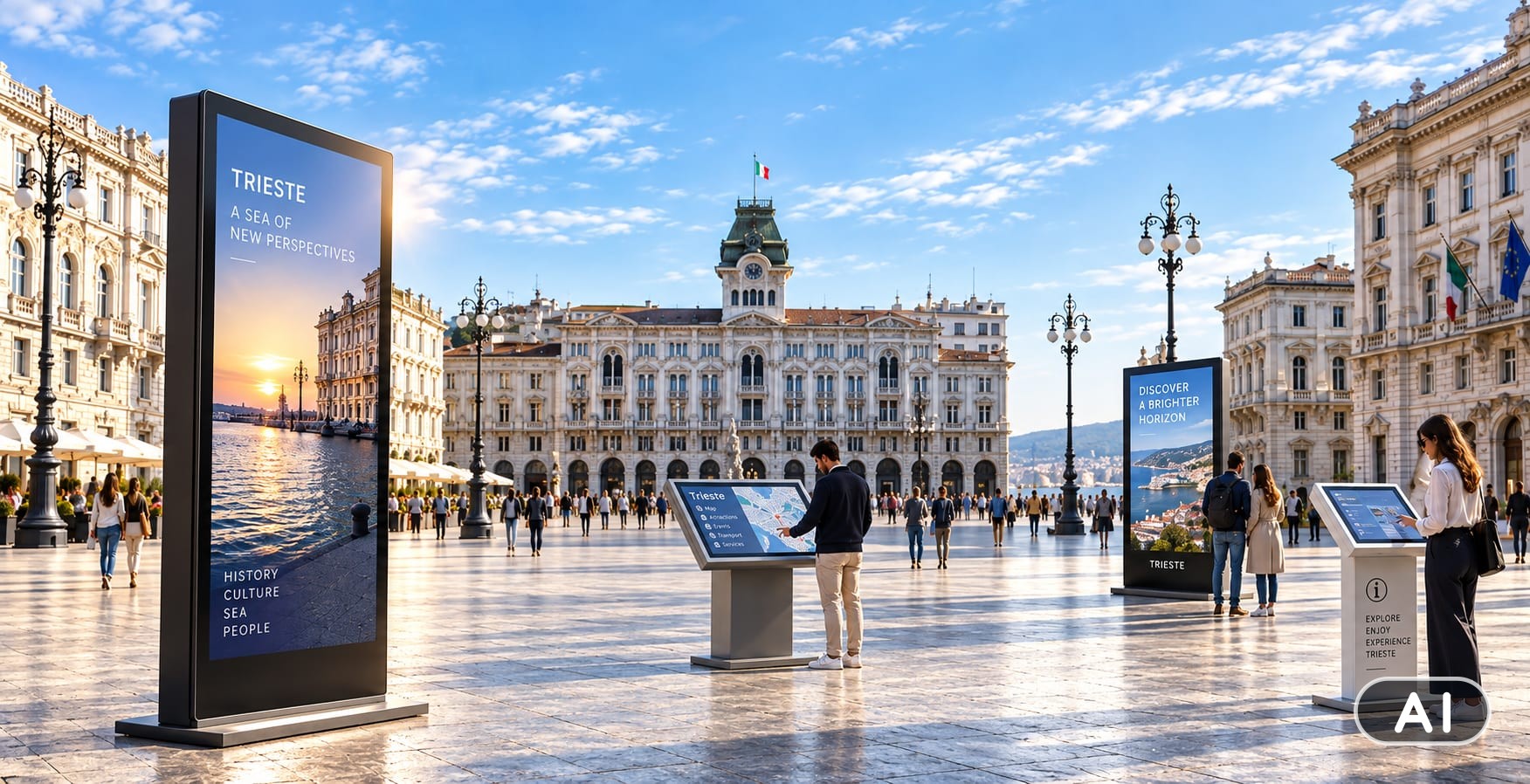 Totem outdoor e chioschi interattivi in Piazza Unità d'Italia a Trieste