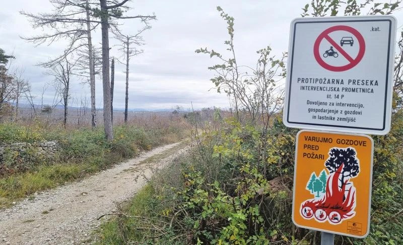 Cartello di una protipožarna preseka, fascia tagliafuoco e viabilità di intervento antincendio sul Carso
